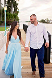 Promfast Thigh Split Sky Blue Rustic Wedding Dresses Beach Wedding Gown with Court Train PFW0572