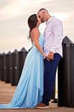 Promfast Thigh Split Sky Blue Rustic Wedding Dresses Beach Wedding Gown with Court Train PFW0572