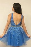 Promfast A line V neck Blue Short Prom Dress Homecoming Dress With Appliques PFH0327