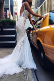 Promfast Luxurious Ivory Tulle Lace Mermaid Deep V Neck Wedding Dresses PFW0573