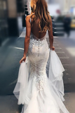 Promfast Luxurious Ivory Tulle Lace Mermaid Deep V Neck Wedding Dresses PFW0573