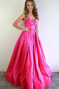Promfast A Line Strapless Hot Pink Satin Long Prom Dresses With Bowknot, Formal Evening Dresses PFP2043