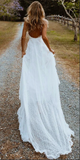 Promfast Boho Chiffon A line V neck Lace Spaghetti Straps Beach Wedding Dresses PFW0574