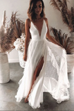Promfast Boho Chiffon A line V neck Lace Spaghetti Straps Beach Wedding Dresses PFW0574
