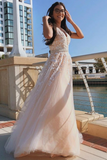Promfast A Line V Neck Pink Lace Long Prom Dress with Belt, Pink Lace Formal Dress, Pink Evening Dress PFP2044