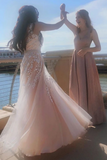 Promfast A Line V Neck Pink Lace Long Prom Dress with Belt, Pink Lace Formal Dress, Pink Evening Dress PFP2044