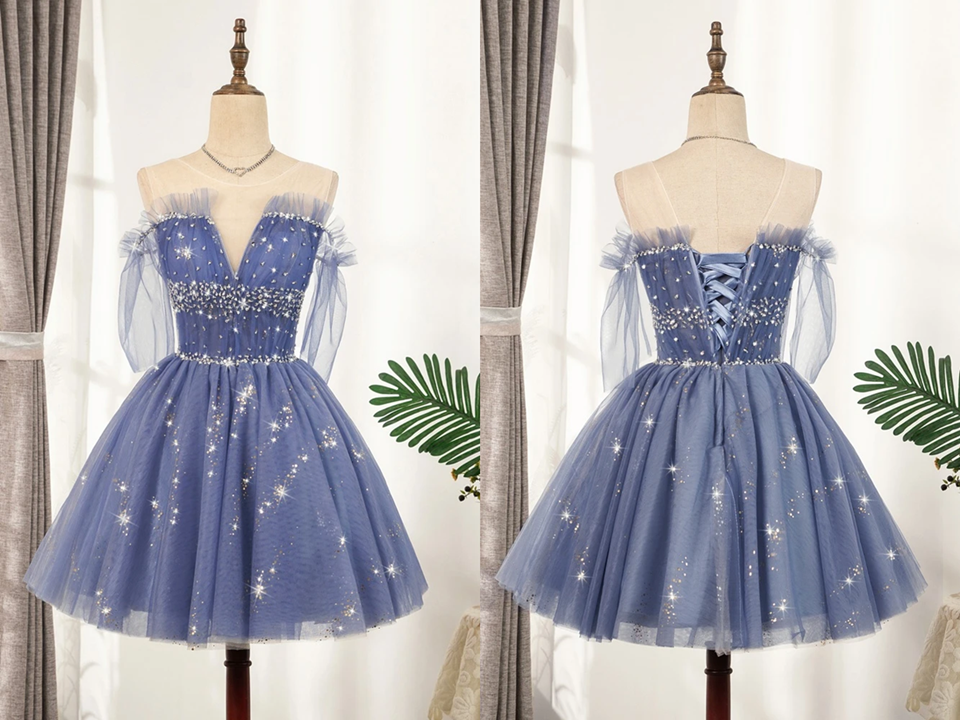 Promfast Flowy Cute A line Blue Homecoming Dresses Short Beading Prom Promfast Flowy Cute A line Blue Homecoming Dresses Short Beading Prom