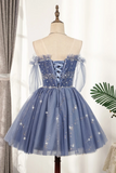 Promfast Flowy Cute A line Blue Homecoming Dresses Short Beading Prom Dress PFH0329