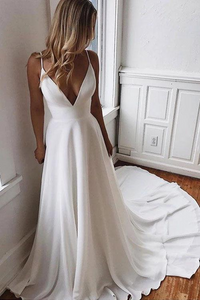 Promfast White Chiffon A-line V-neck Lace Spaghetti Straps Sweep Train Wedding Dress PFW0576