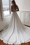 Promfast White Chiffon A-line V-neck Lace Spaghetti Straps Sweep Train Wedding Dress PFW0576