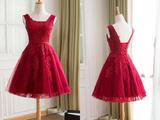 Promfast Cute A Line Red Sweetheart Lace Appliques Sleeveless Lace up Homecoming Dresses PFH0330