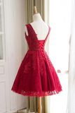 Promfast Cute A Line Red Sweetheart Lace Appliques Sleeveless Lace up Homecoming Dresses PFH0330