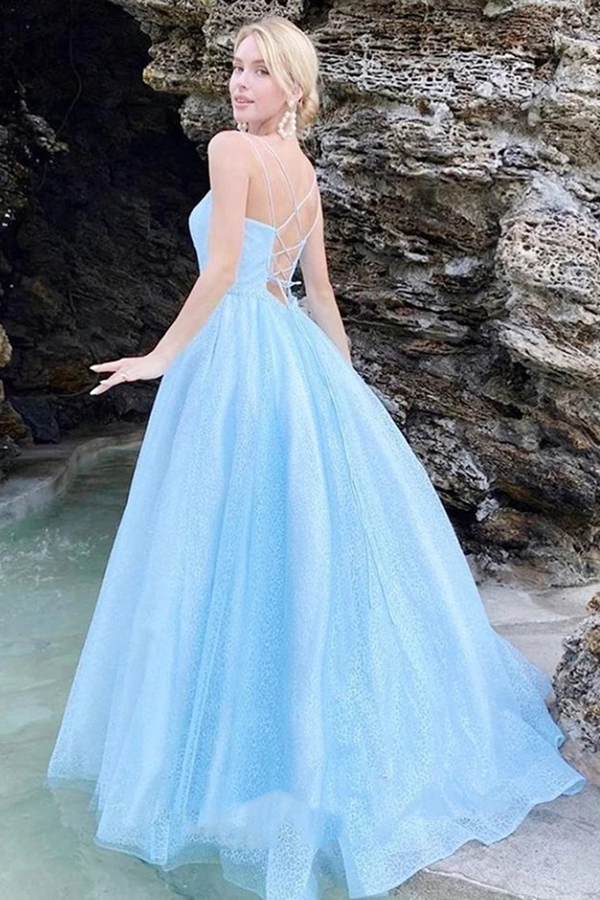 Promfast Shiny Sky Blue Spaghetti Straps Prom Dresses, Criss Cross Bac Promfast Shiny Sky Blue Spaghetti Straps Prom Dresses, Criss Cross Bac