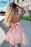 Promfast Blush Pink Lace A line V neck Spaghetti Straps Homecoming Dresses PFH0332
