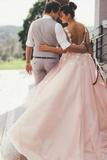 Promfast Sheer Round Neck Pink Wedding Dresses Backless Bridal Gown With Lace Appliques PFW0578