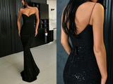 Promfast Sparkle Black Mermaid V neck Spaghetti Strapes Sequins Long Prom Dresses PFP2049