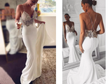 Promfast Sexy Spaghetti Straps Mermaid Beach Wedding Dresses, Long Prom Dress with Lace PFW0579
