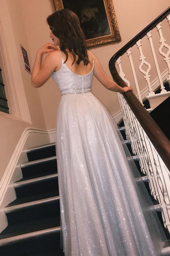 Promfast Glitter Silver Long Prom Dress with V Neckline for Sale PFP2050