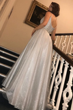 Promfast Glitter Silver Long Prom Dress with V Neckline for Sale PFP2050