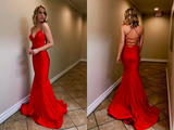 Promfast V Neck Mermaid Backless Red Long Prom Dress, Mermaid Red Formal Dress, Backless Red Evening Dress PFP2052