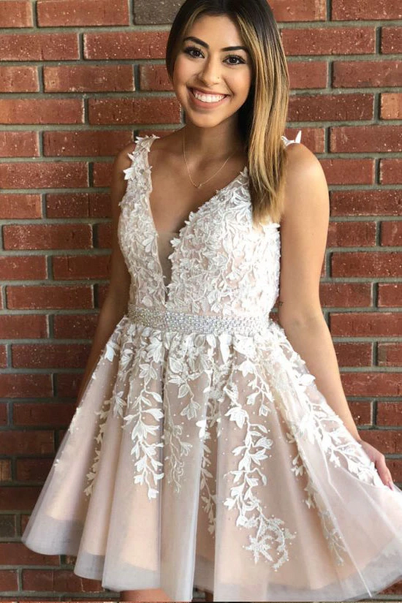 Promfast Princess V Neck Short A Line Lace Homecoming Dress, Graduatio Promfast Princess V Neck Short A Line Lace Homecoming Dress, Graduatio