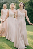 Promfast One Shoulder Chiffon Long Cheap Champagne Bridesmaid Dresses Online PFB0163