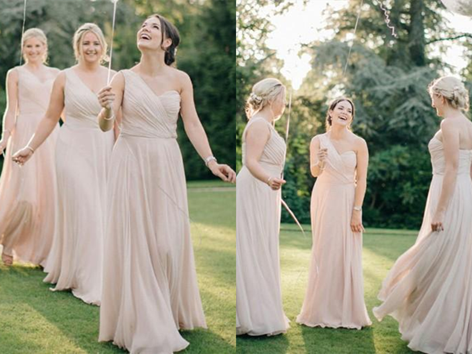 Promfast One Shoulder Chiffon Long Cheap Champagne Bridesmaid Dresses