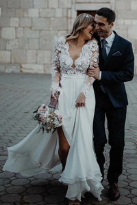 Promfast Floor Length Long Sleeves Sheer Neck Split Appliques Chiffon Beach Wedding Dress PFW0581
