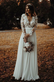 Promfast Floor Length Long Sleeves Sheer Neck Split Appliques Chiffon Beach Wedding Dress PFW0581