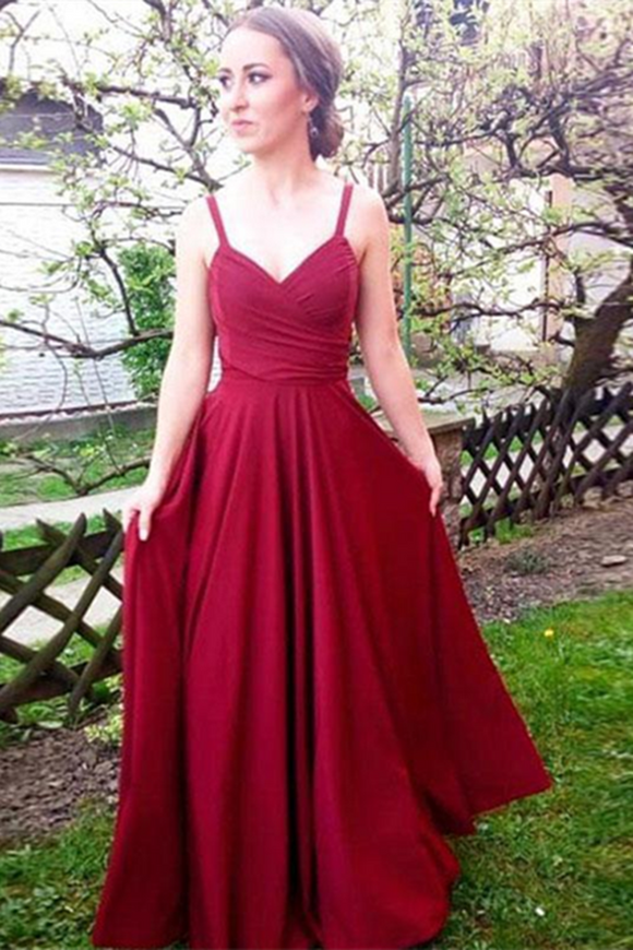 Promfast Simple Burgundy Straps Long Chiffon Prom Dress, Beautiful Party Dress PFP2053