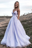 Promfast V Neck Lilac Long A Line Prom Dress with Pocket, Shiny Formal Dress, Sparkly Evening Dress PFP2056