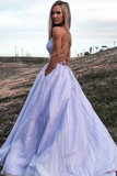 Promfast V Neck Lilac Long A Line Prom Dress with Pocket, Shiny Formal Dress, Sparkly Evening Dress PFP2056
