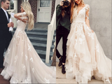 Promfast Gorgeous Lace A line V neck Long Sleeves Wedding Dresses with Train PFW0586