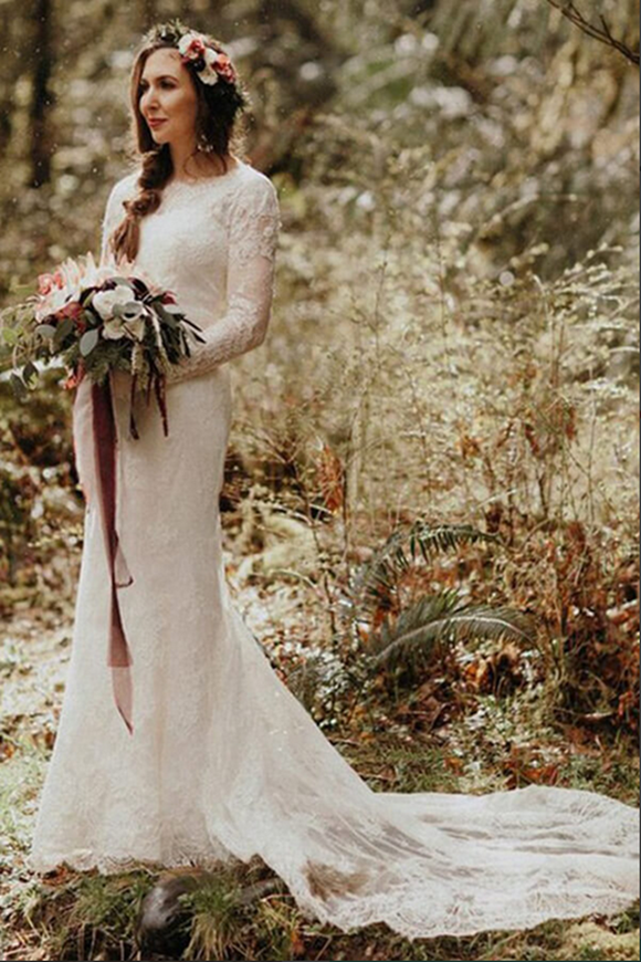 Promfast Beautiful Lace Mermaid Round Neck Long Sleeves Wedding Dresses PFW0587