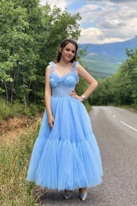 Promfast Sky Blue Straps Tulle A Line Prom Dress Sweetheart Homecoming Dresses PFP2064
