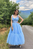 Promfast Sky Blue Straps Tulle A Line Prom Dress Sweetheart Homecoming Dresses PFP2064
