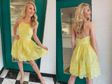 Promfast Backless Short Lace Appliques Prom Dresses,A Line Yellow Graduation Homecoming Dresses PFP2065