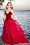Promfast Burgundy A Line Tulle Strapless Prom Dress Long Formal Ball Dress, Evening Dress PFP2067