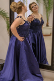Promfast Delicate Scoop Satin Sweep Train Prom Dresses With Appliques PFP2068