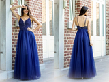 Promfast Exquisite Spaghetti Straps A line Prom Dresses Tulle Appliqued Gowns PFP2069