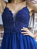 Promfast Exquisite Spaghetti Straps A line Prom Dresses Tulle Appliqued Gowns PFP2069