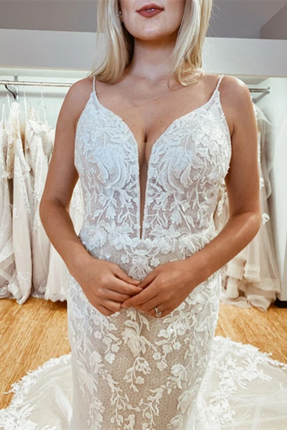 Promfast Amazing Spaghetti Straps Appliques Lace Wedding Dresses Mermaid Chapel Train Bridal Gowns PFW0592