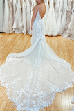Promfast Amazing Spaghetti Straps Appliques Lace Wedding Dresses Mermaid Chapel Train Bridal Gowns PFW0592