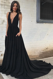 Promfast Black Deep V neck Long A line Open Back Simple Style Cheap Prom Dresses PFP2071