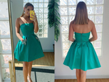 Promfast Strapless Open Back Green Short Prom Dresses with Pocket, Open Back Green Homecoming Dresses, Short Green Formal Evening Dresses PFP2072