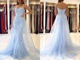 Promfast Thin Straps Mermaid Open Back Light Blue Lace Long Prom Dress, Mermaid Light Blue Formal Dress, Light Blue Lace Evening Dress PFP2073