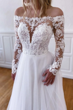 Promfast Elegant Long Sleeves White Lace Wedding Dress, White Lace Long Prom Dress, White Formal Evening Dress PFW0593