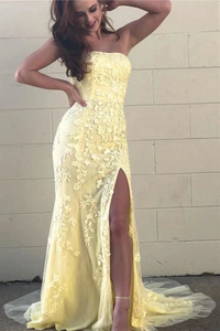 Promfast Mermaid Strapless Appliques Yellow Prom Dresses With Slit Evening Dresses PFP2077