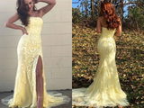 Promfast Mermaid Strapless Appliques Yellow Prom Dresses With Slit Evening Dresses PFP2077