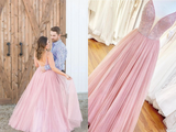 Promfast Long Prom Dress With Beaded Bodice And Plunging Illusion V Neck Formal Dress PFP2079